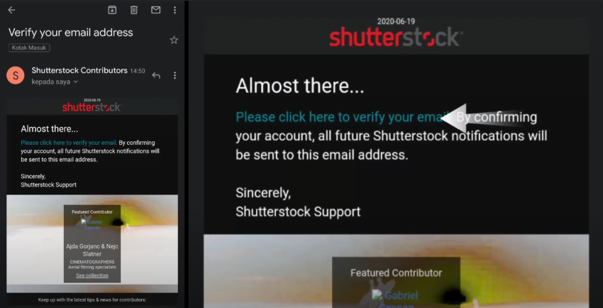 email verifikasi pendaftaran shutterstock contributor