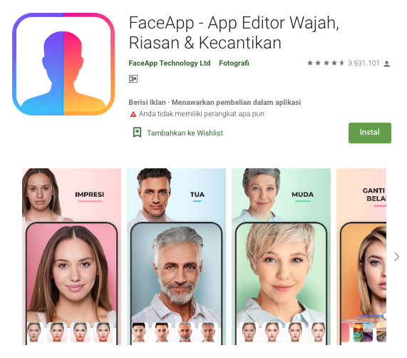 FaceApp - Aplikasi Pengubah Wajah Jadi Tua, Muda, Laki-laki, Perempuan, Janggut, Kumis, Rambut, dll